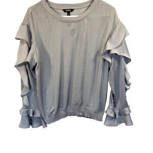 Express Silver Silky Blouse‎ Faux Sweatshirt Ruffle Long Sleeves Size M